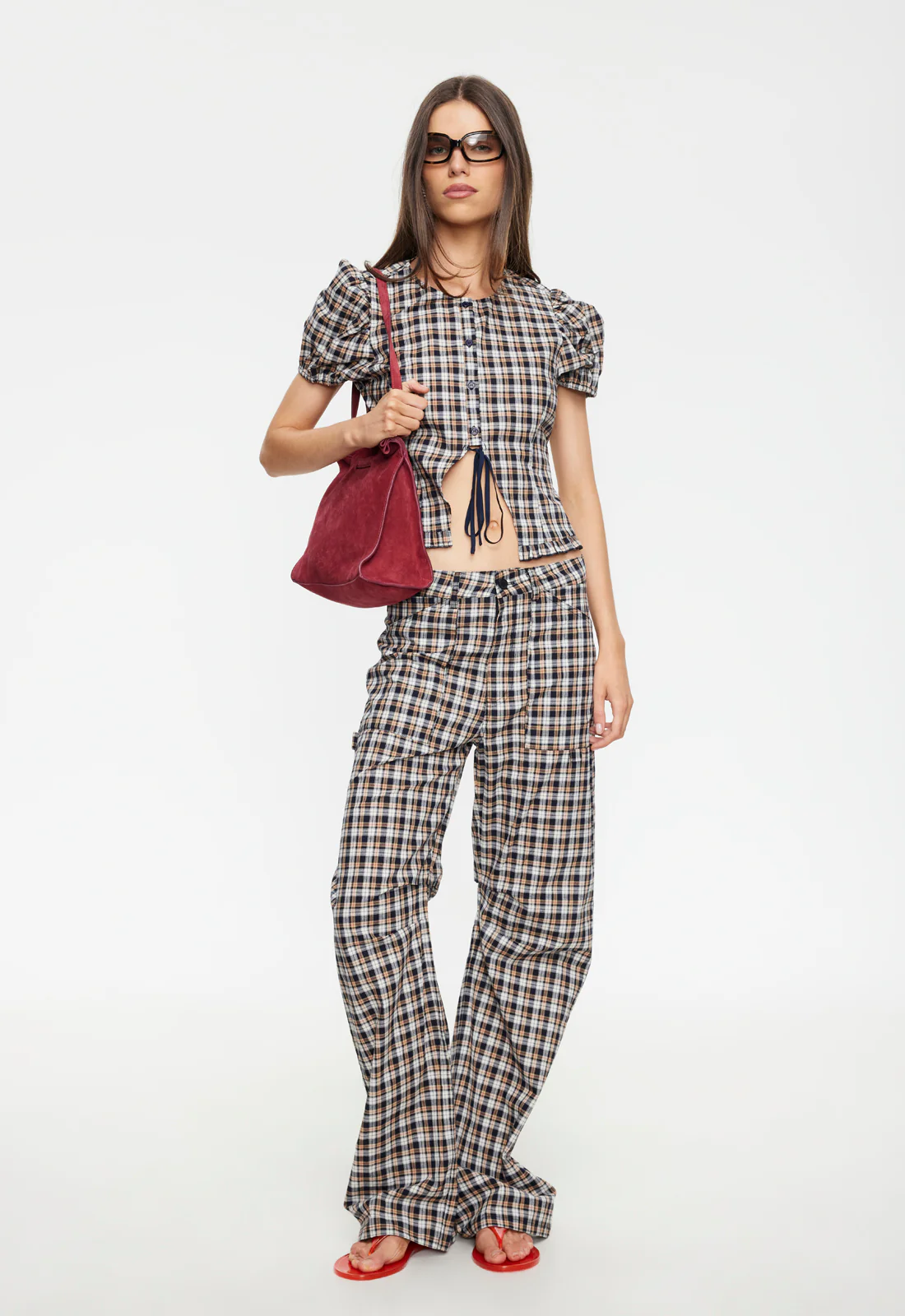 BARDOT TOP - BEIGE TARTAN